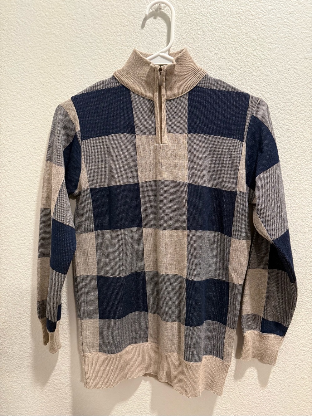 Kids Zip-Neck Plaid Sweater in Navy and Beige